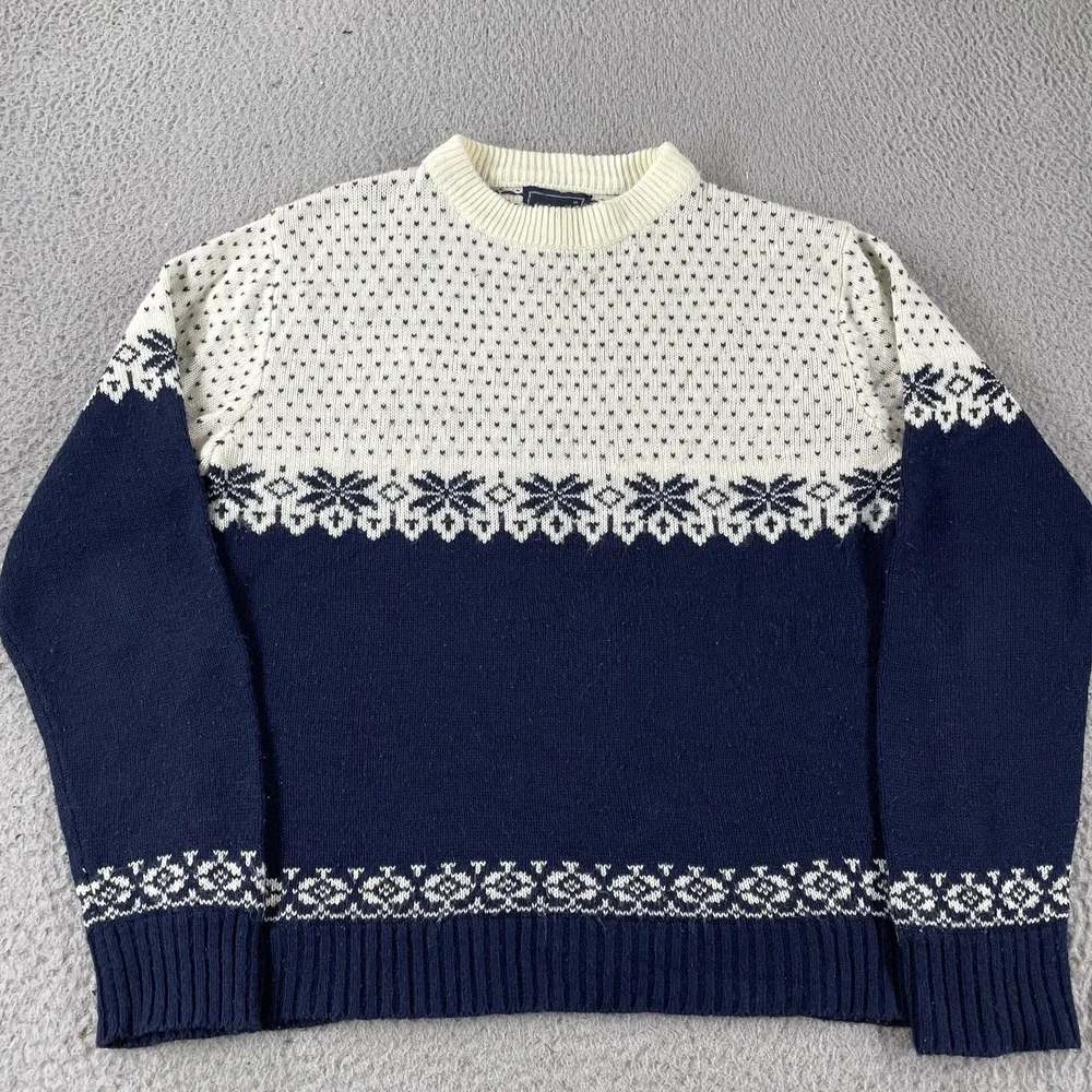 Sigallo Sweater Mens Medium Blue White Fair Isle‎ Nordic Snowflake Knit Winter